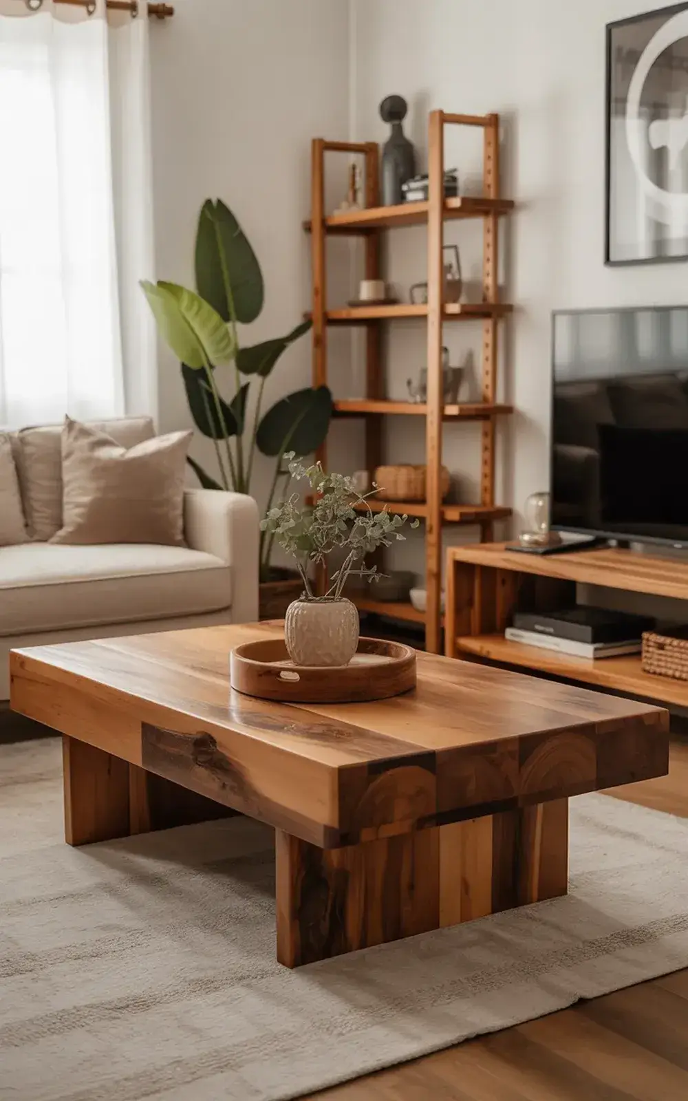 Modern living room with wooden coffee table, two plants, and flat screen TV.