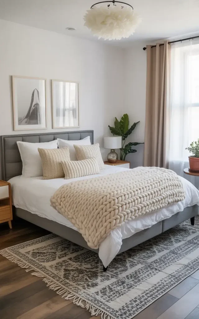 Neatly made bed with knitted blanket in modern bedroom with large window and greenery.