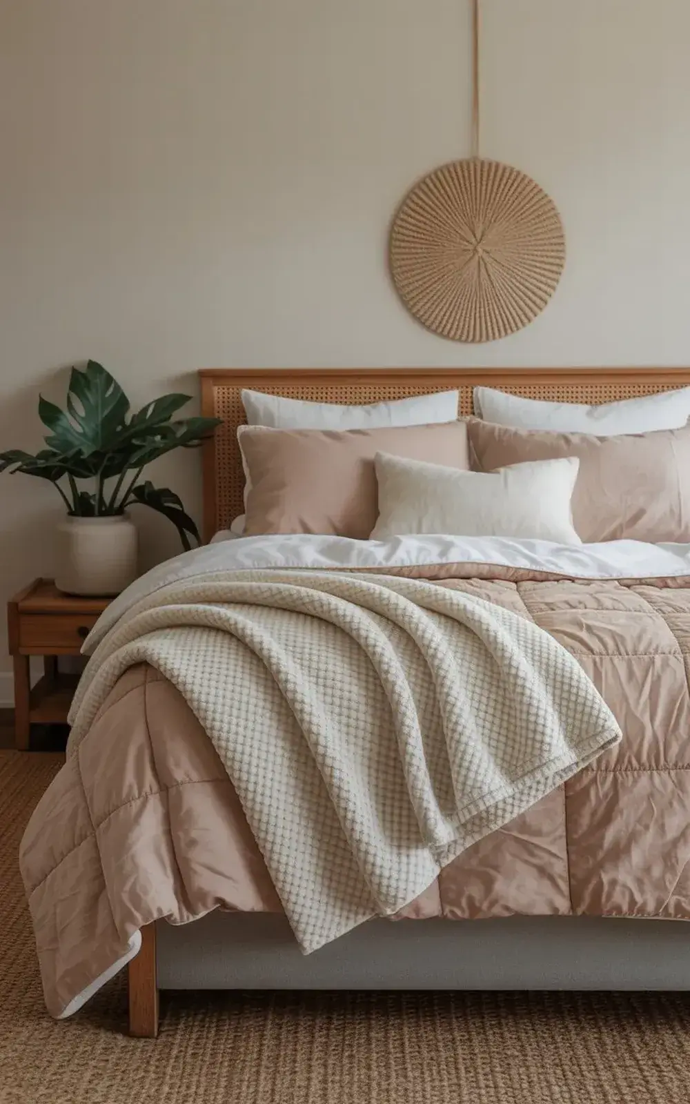 Cozy bedroom with a neatly made bed and beige and pink bedding, a wicker wall hanging, and a potted plant on a bedside table.