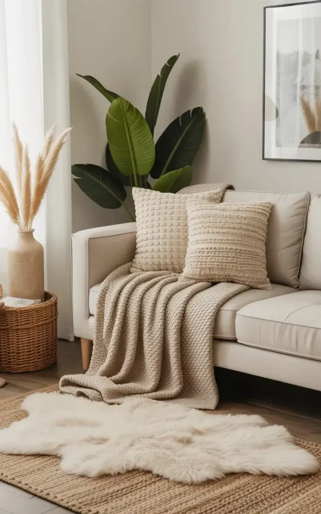 Cozy living room with textured pillows, throw blanket, and green plant decorations