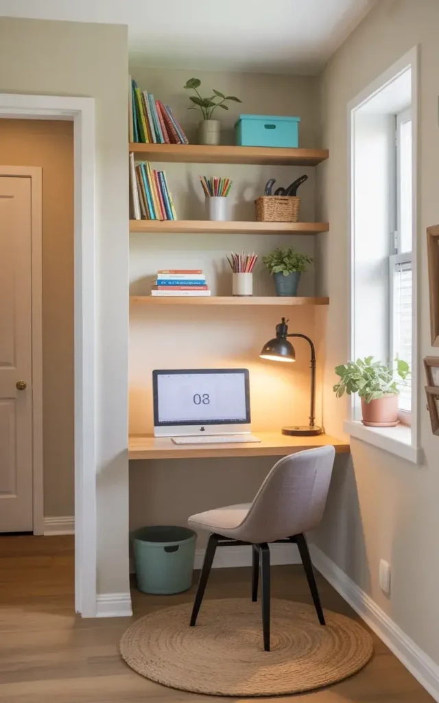 Home office nook with a built-in desk, computer, chair, shelves filled with books and supplies, plants, and window.