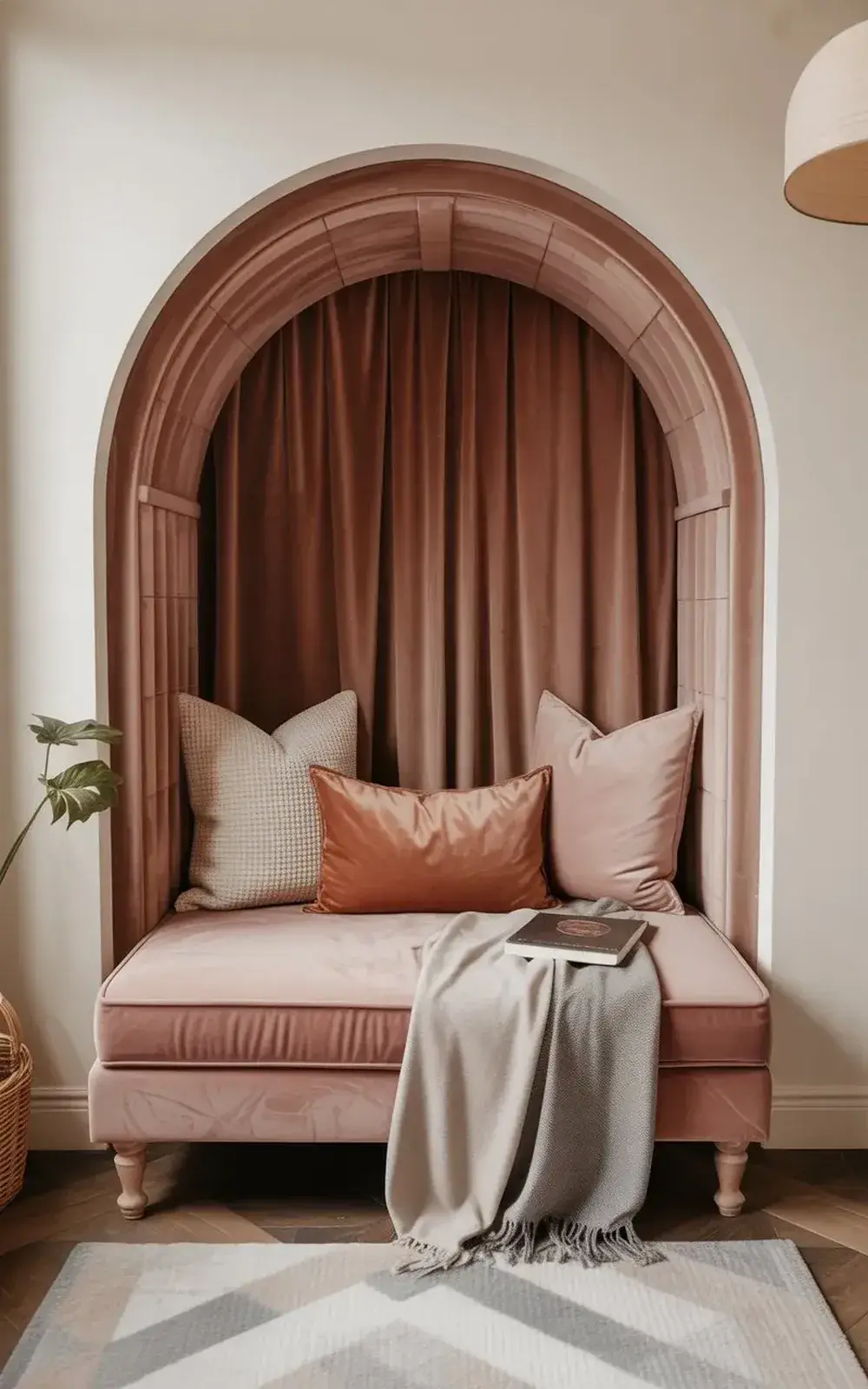 Cozy pink window nook seating with pillows and a book