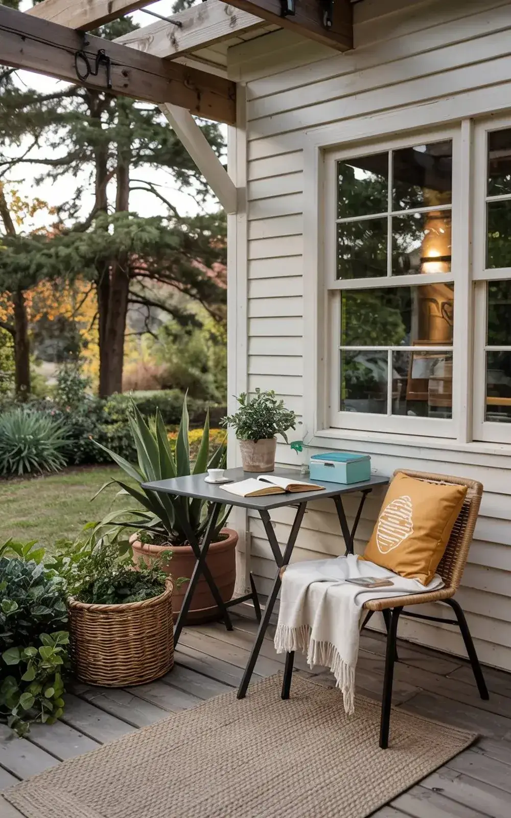 Cozy outdoor seating area with potted plants near a house.