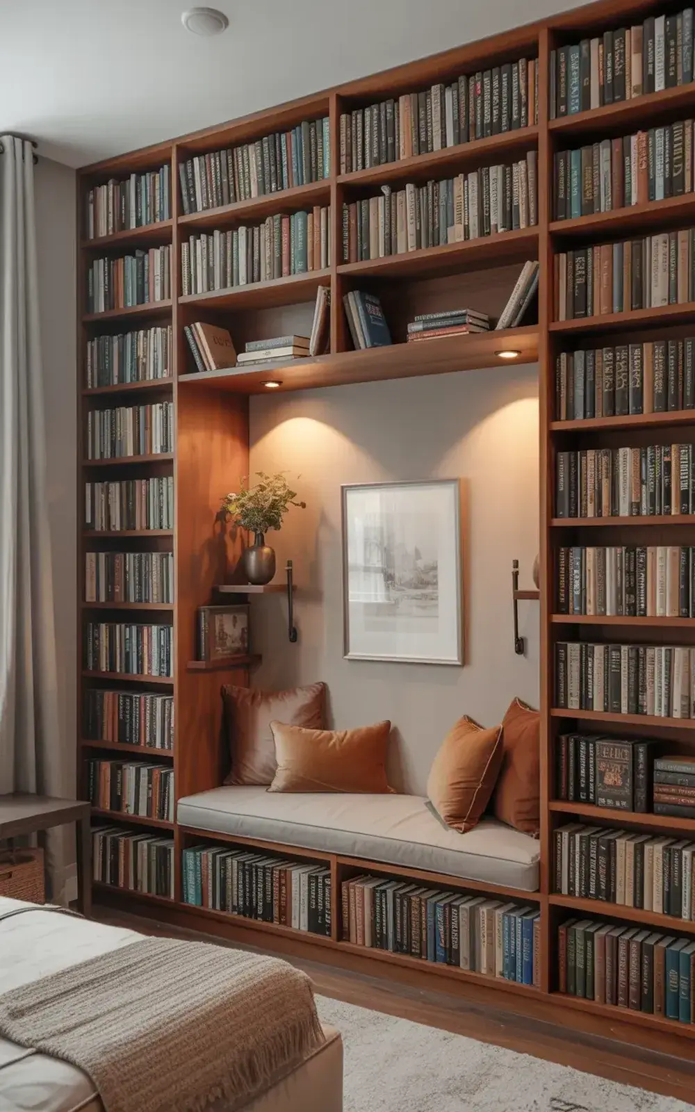 A cozy built-in bookcase with a seating nook and framed photograph.