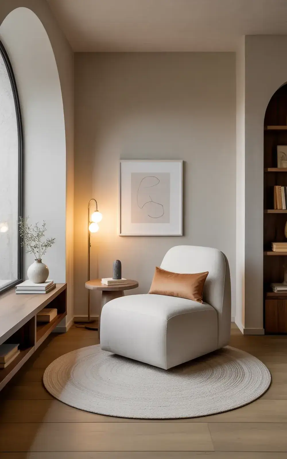 A cozy reading nook featuring a white chair, a small side table with books, and a floor lamp with a warm glow in a modern room.