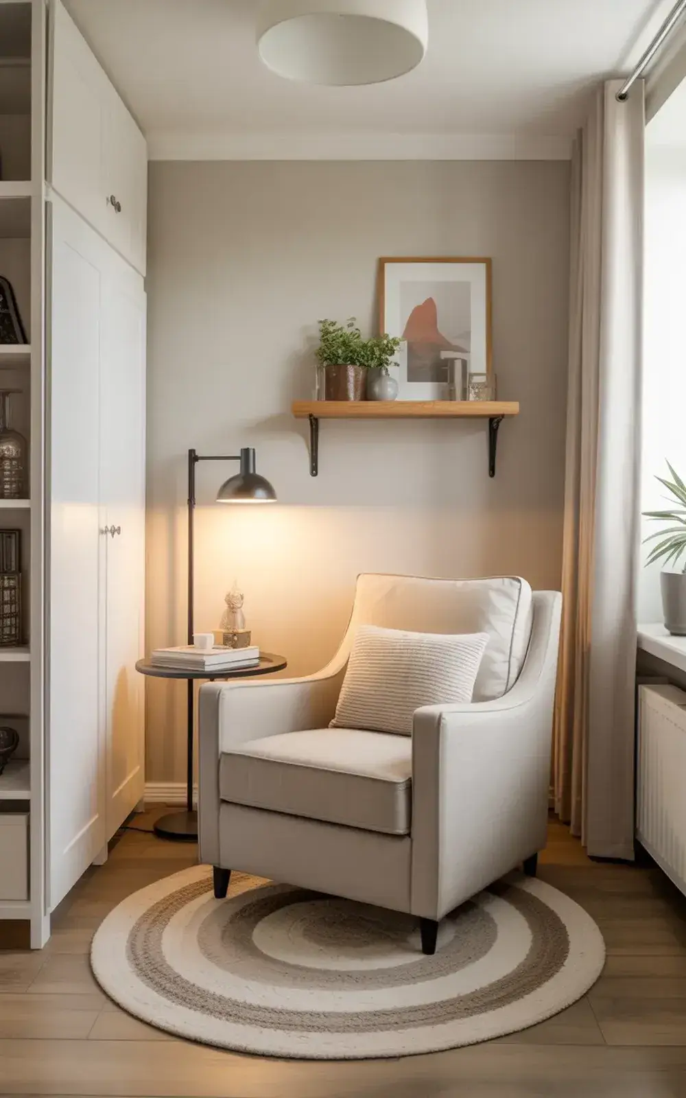 Cozy corner with soft chair, shelf, papers, lamp, and rug.