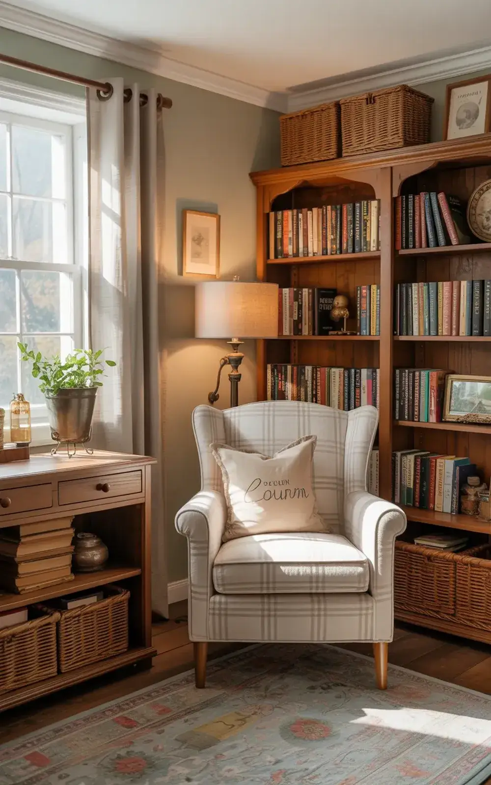 Cozy reading nook with armchair, bookshelf, and window seat.