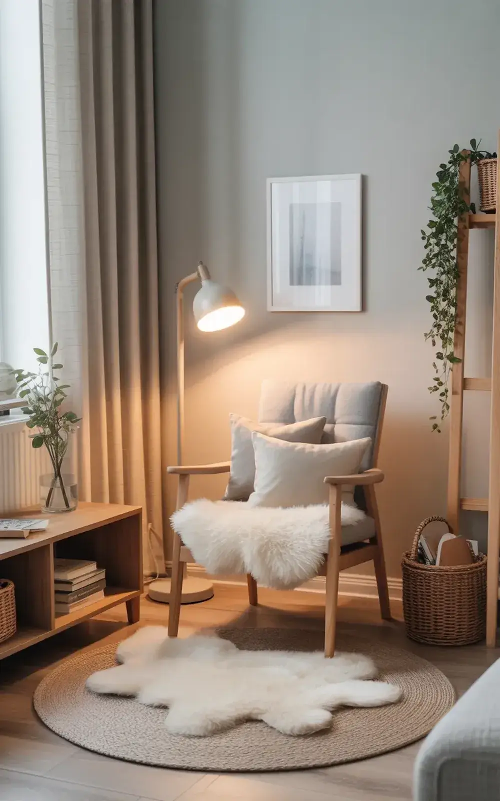 Cozy reading nook with chair, lamp, and plants.