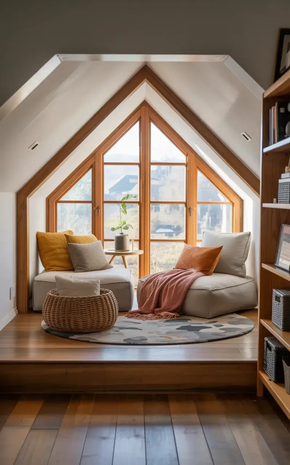 Cozy nook with cushioned seating under large triangular windows, bookshelf, and potted plant.