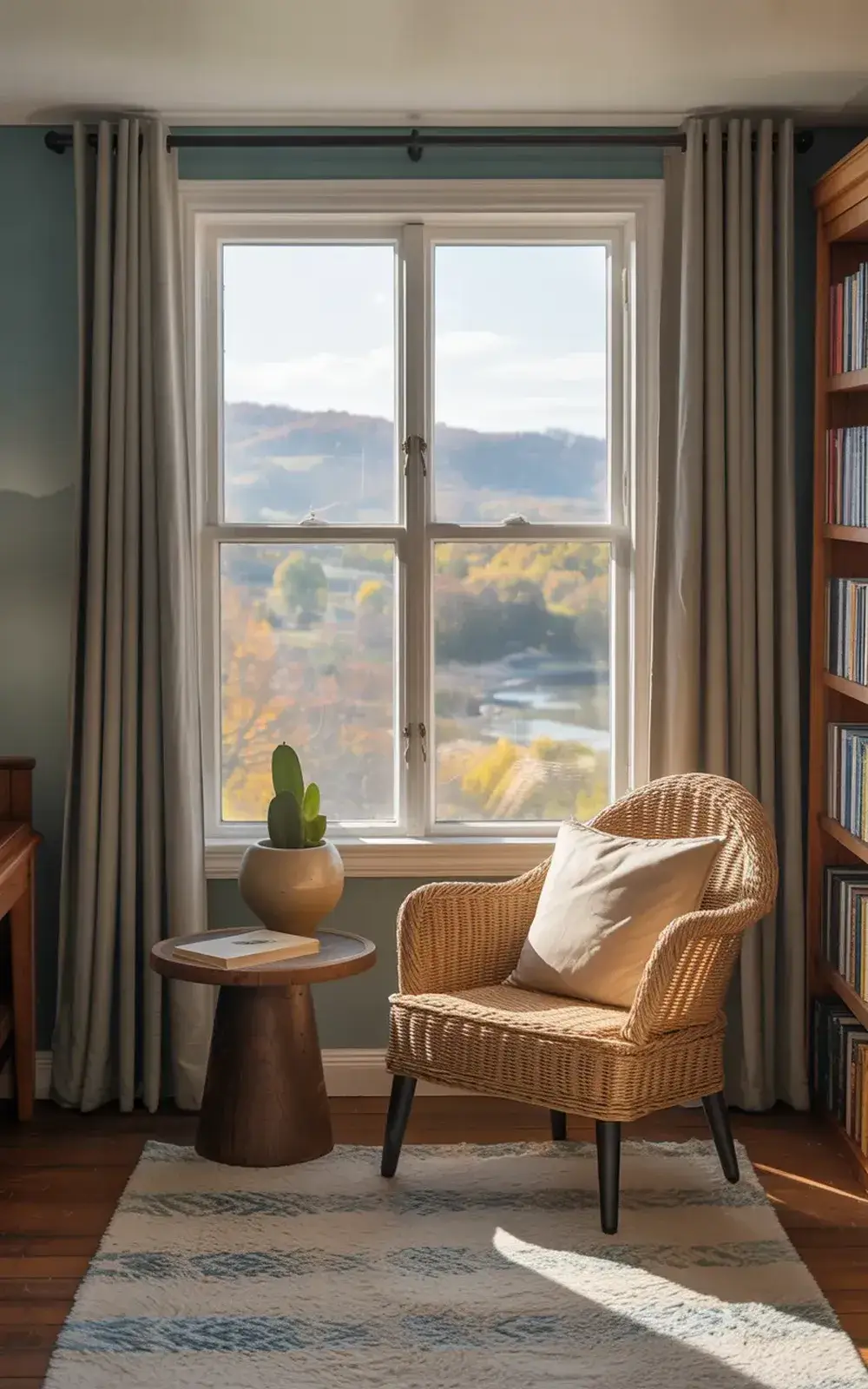 Wicker chair and plant next to large window with scenic view