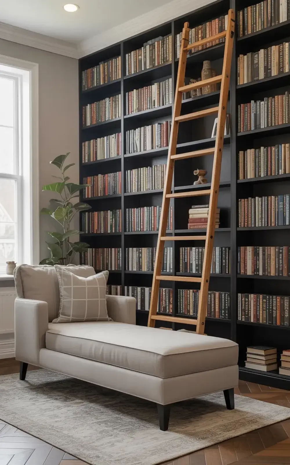 Library room with tall bookshelves, ladder, chaise, and indoor plant.