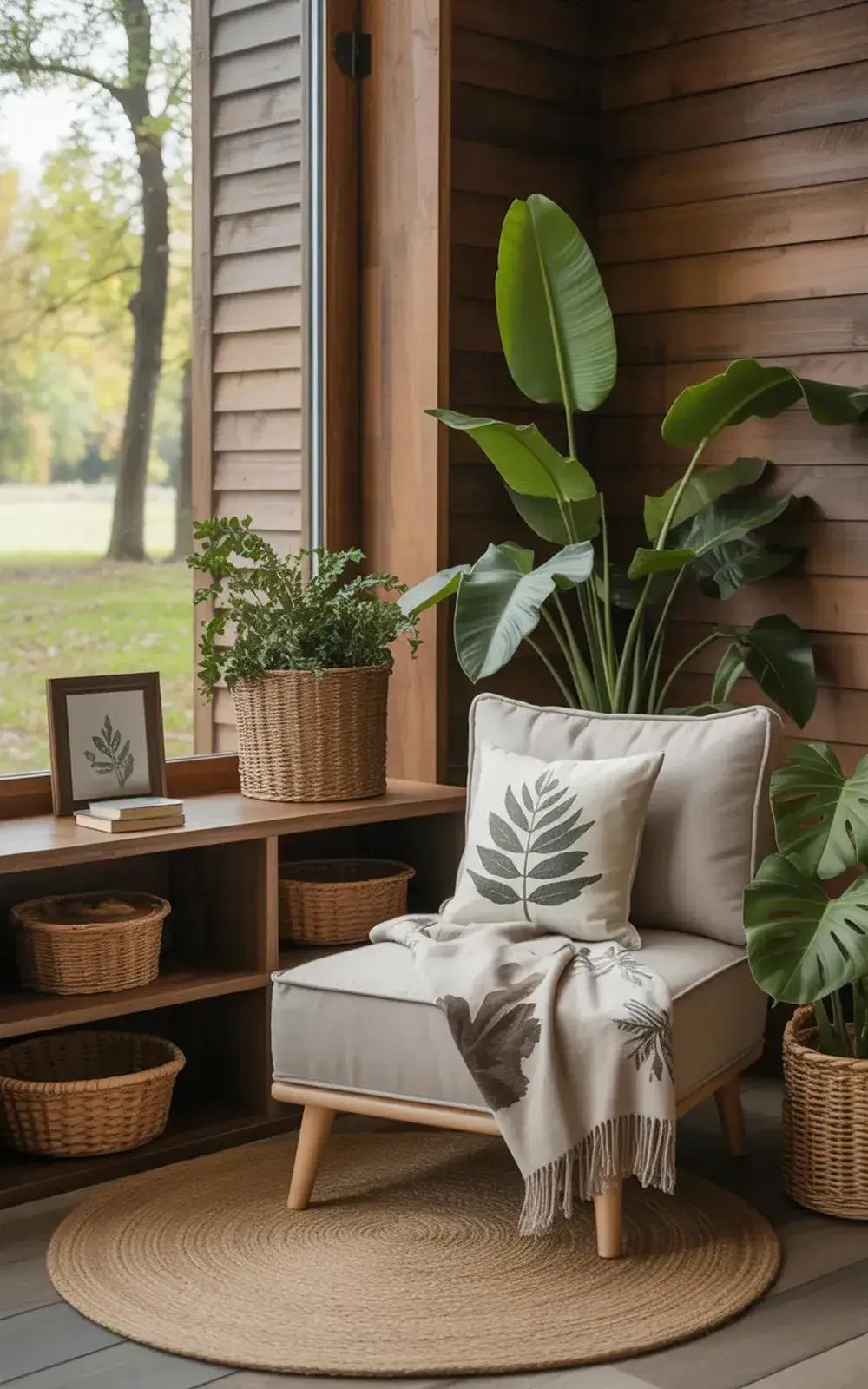 Cozy alcove with armchair, woven baskets, and large green plants.