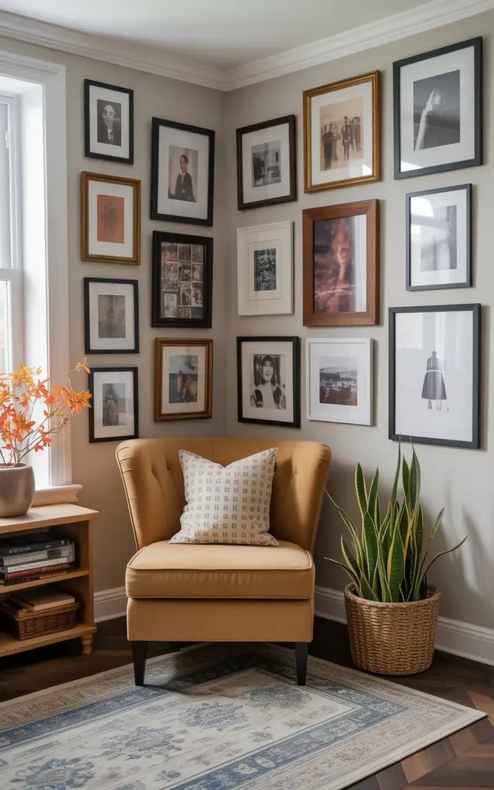 Cozy corner furnished with an armchair, many framed photos, a potted plant, and a basket of books.