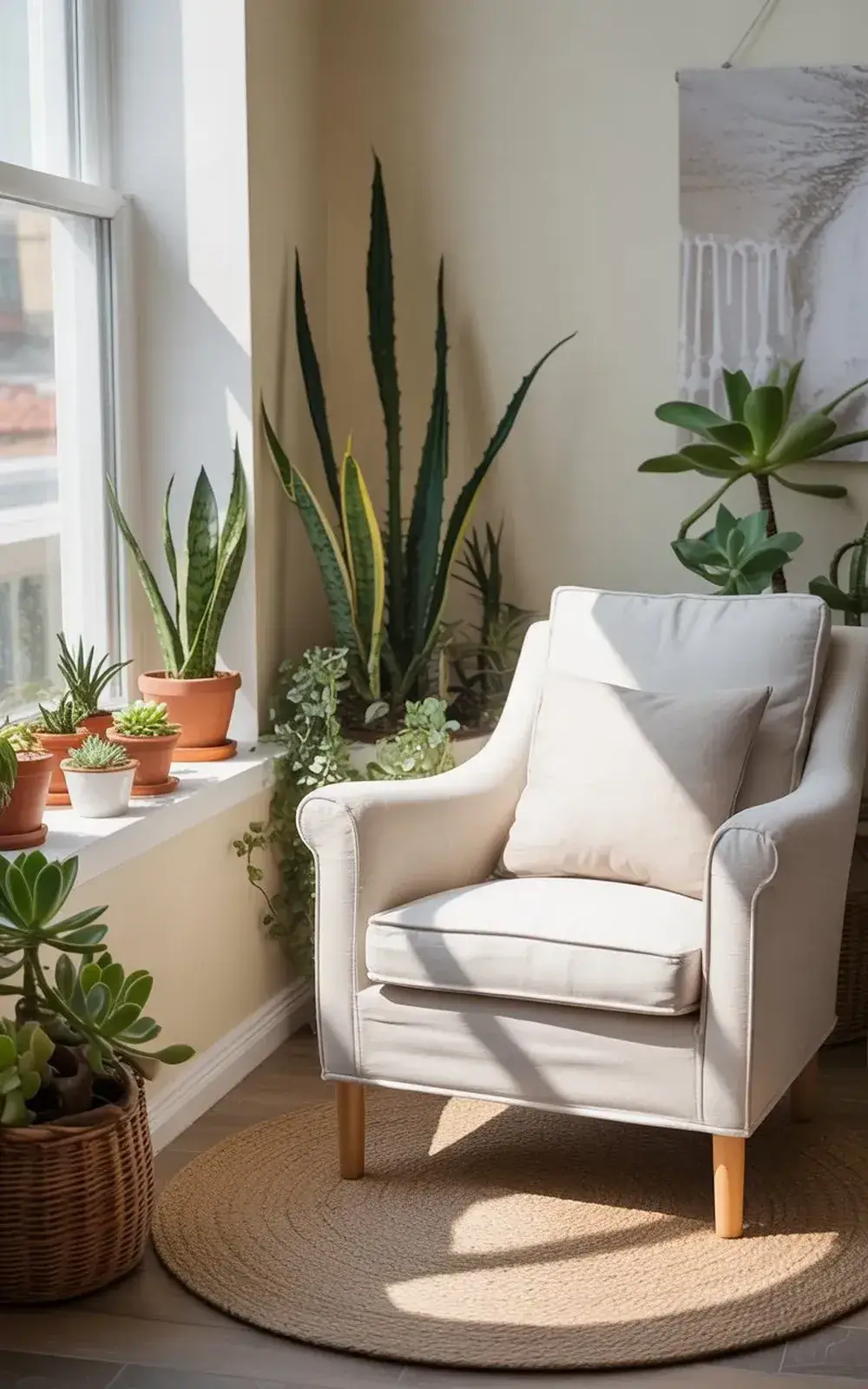 White armchair in front of a window with multiple potted plants around