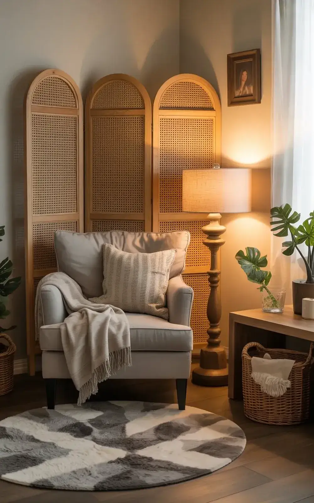 Cozy corner with armchair, rattan screen, lamp, and patterned rug.