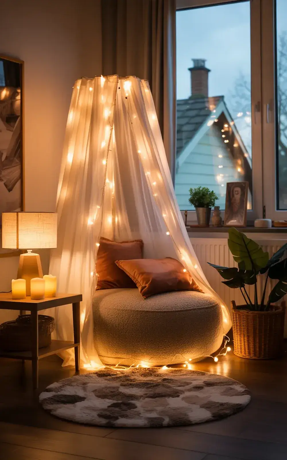 Cozy seating area with draped string lights and candles in a warmly lit room.
