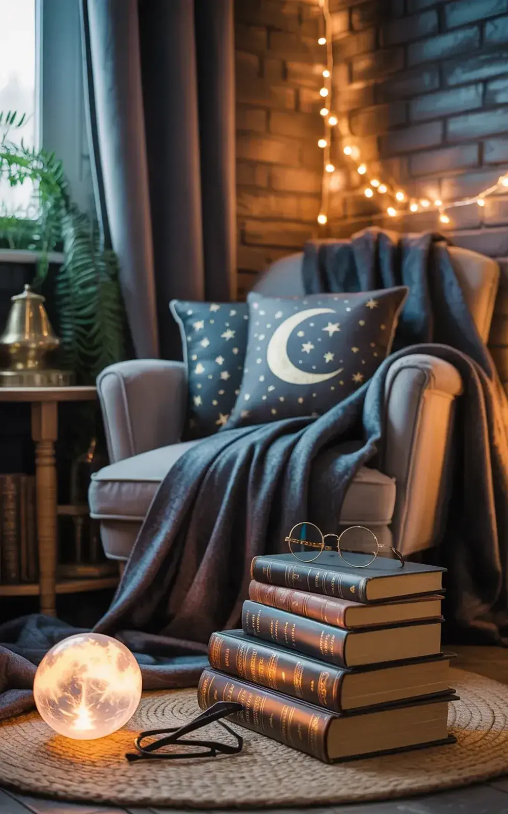 Cozy reading nook with armchair, books, and mood lighting.