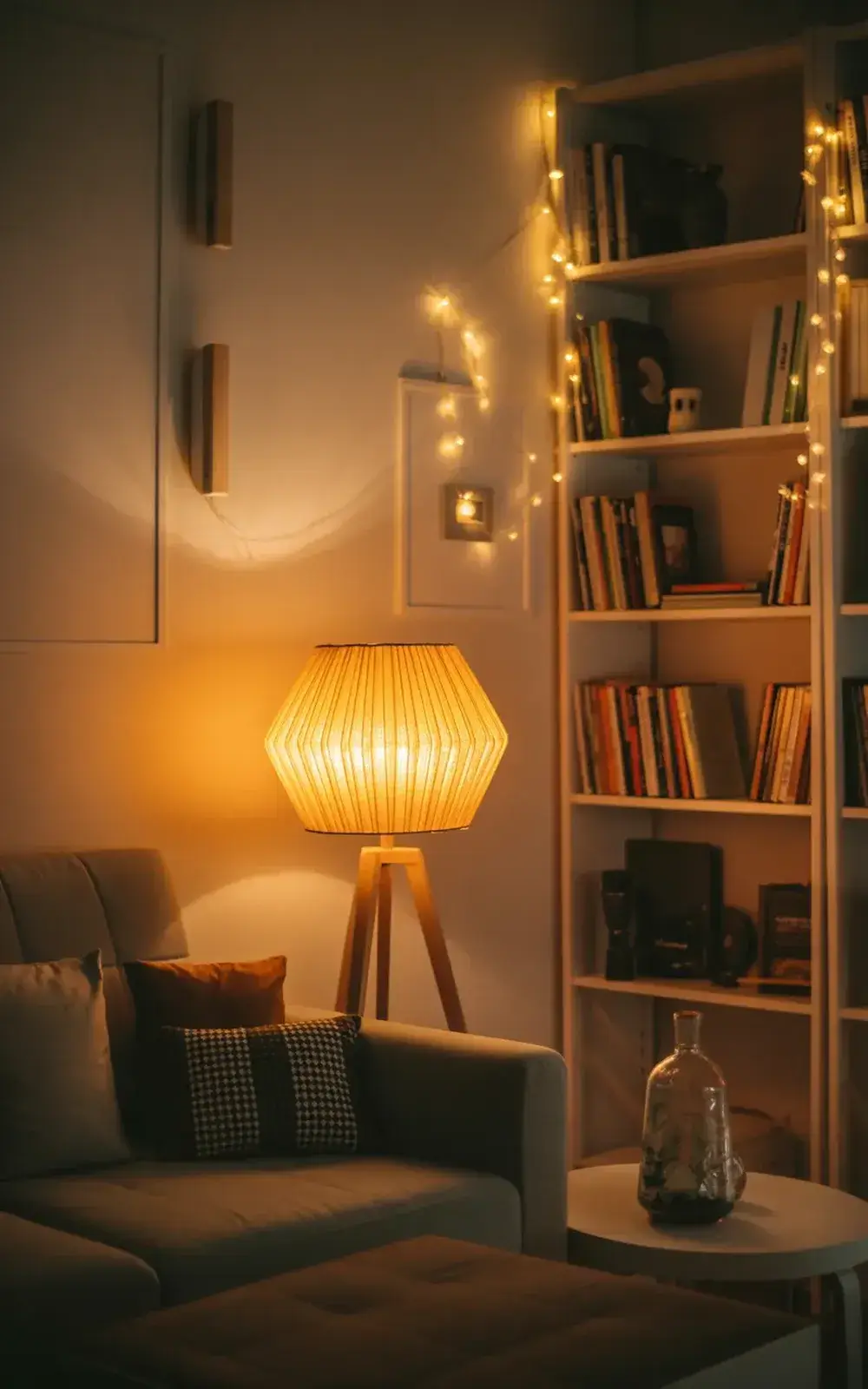 A cozy room with a lit lamp, bookshelf, and cushioned chair.
