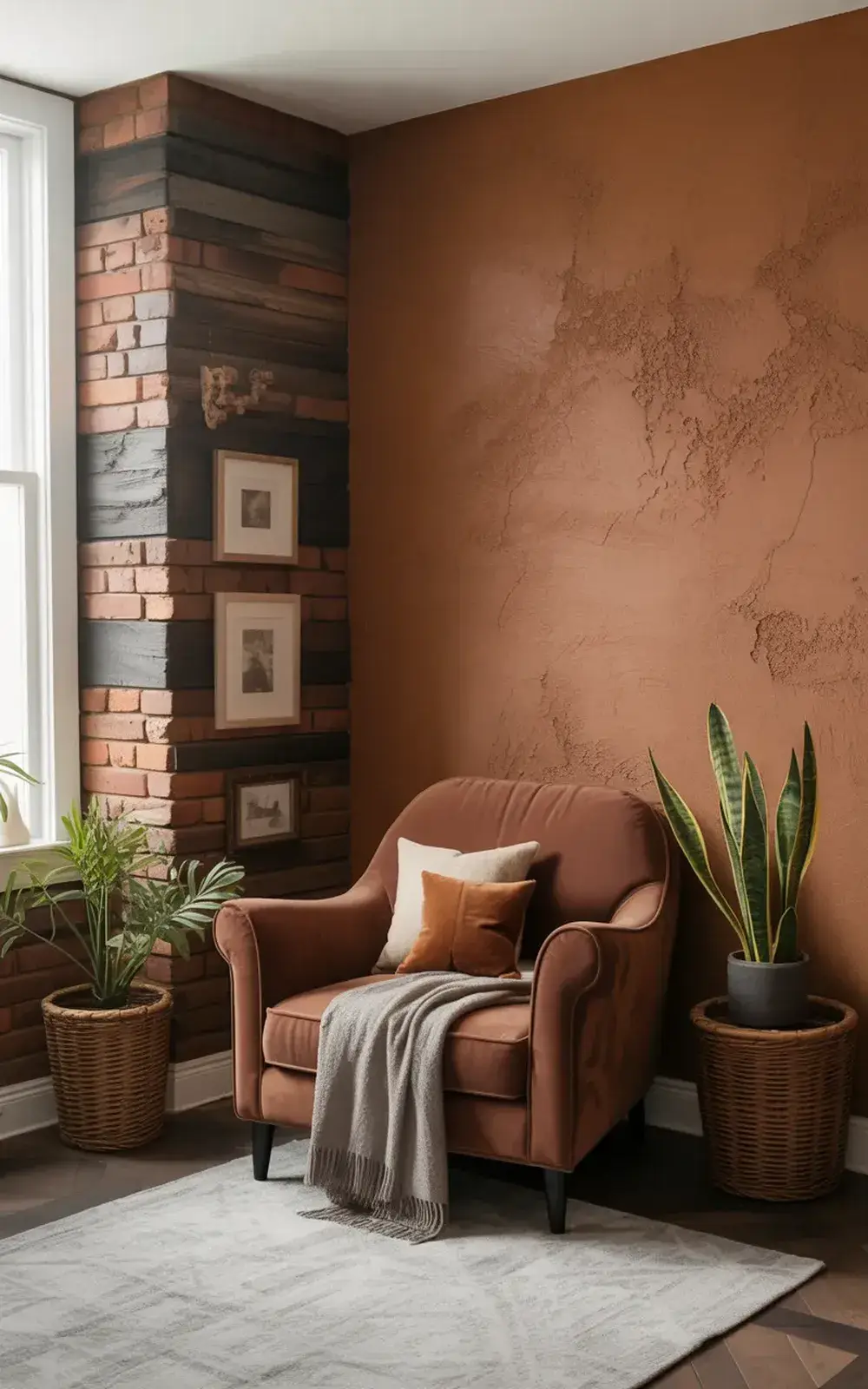 Brown armchair with throw blanket and cushions in cozy room with textured walls and houseplants.