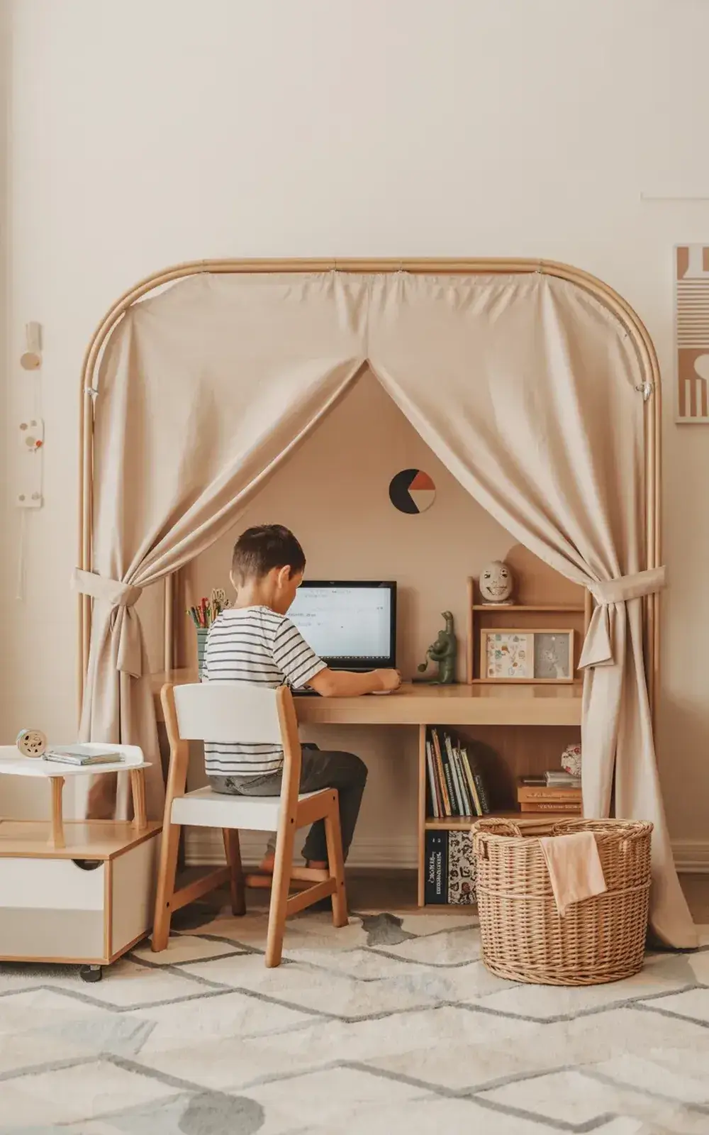 Boy using a computer in a cozy, tent-like home workspace.
