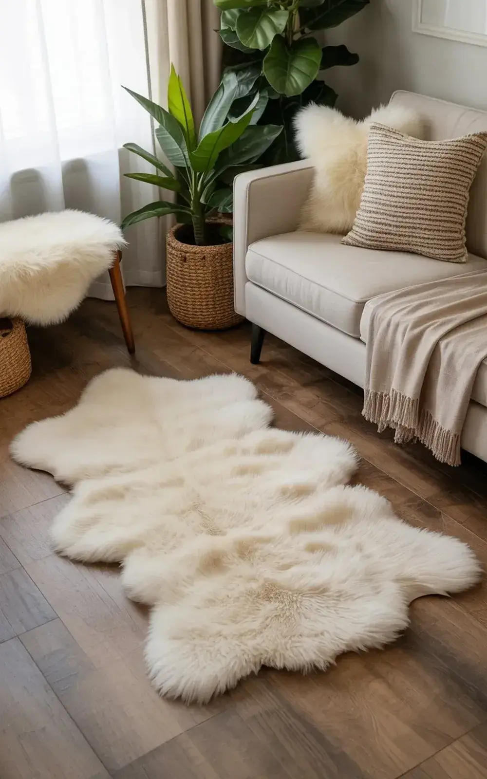 A cozy white armchair with textured cushions and a fluffy blanket next to potted plants and shaggy rugs.