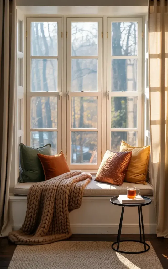 Window seat with colorful pillows, a cozy blanket, and a cup of tea on a side table.