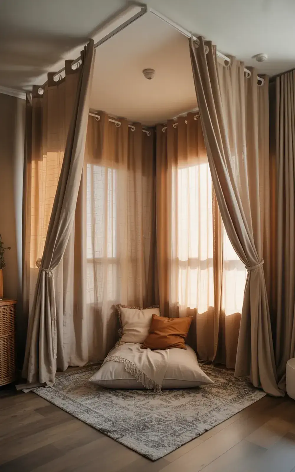 Cozy window seat cushion with pillows and sheer curtains.
