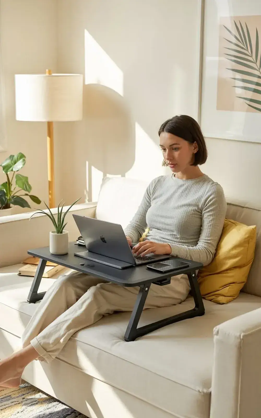 Woman using a laptop on a lap desk while sitting on a couch in a well-lit living room.