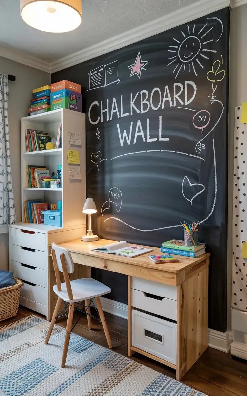 Chalkboard wall in a homework station with bookshelf and desk.