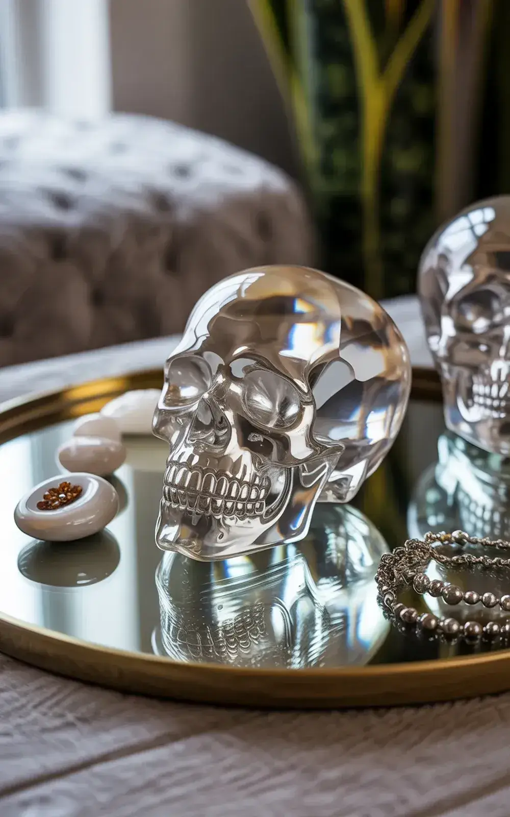 Glass skull, jewelry and decorative items on a mirrored tray.