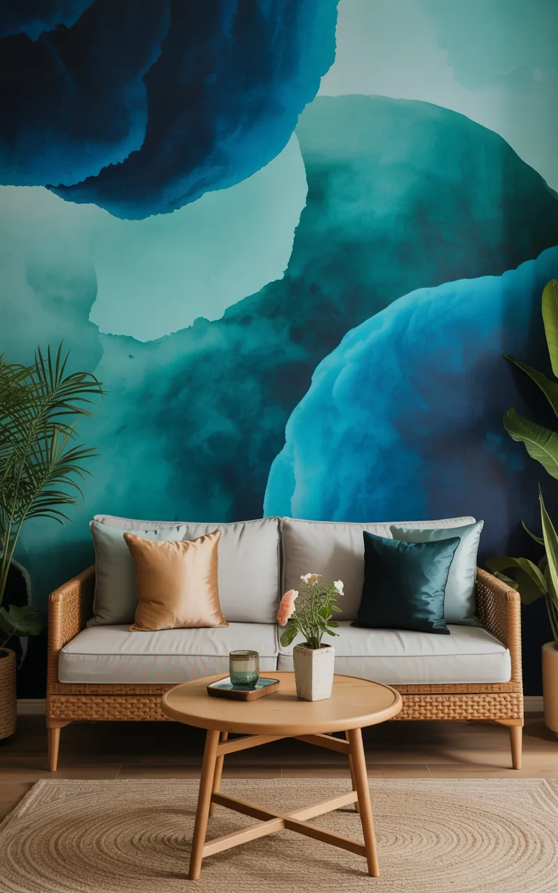 A white rattan couch with colorful pillows and a wooden coffee table in a room with blue wall murals and plants.