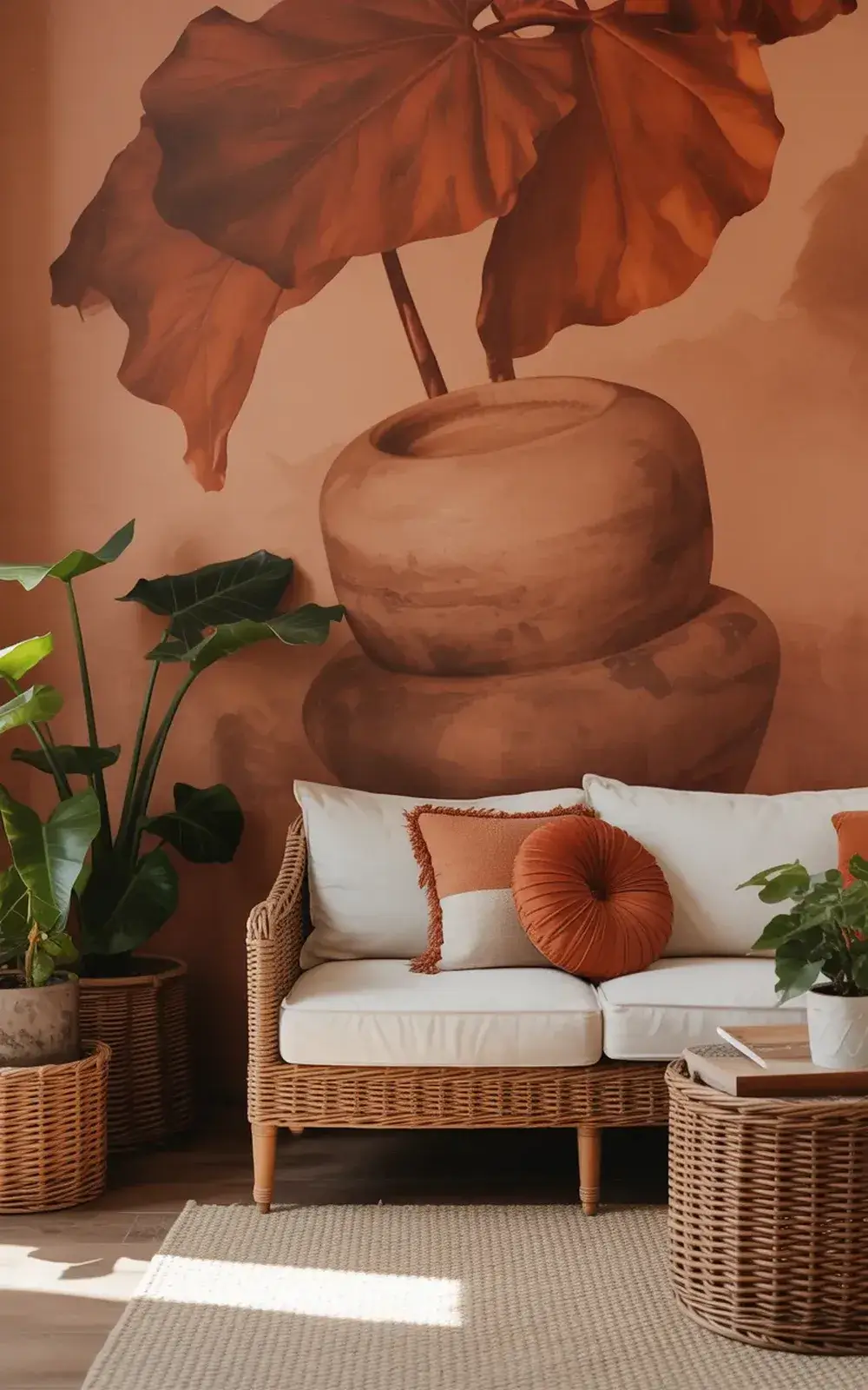 A wicker couch with white cushions and orange accents in a living room with large potted plants and an orange leaf mural.