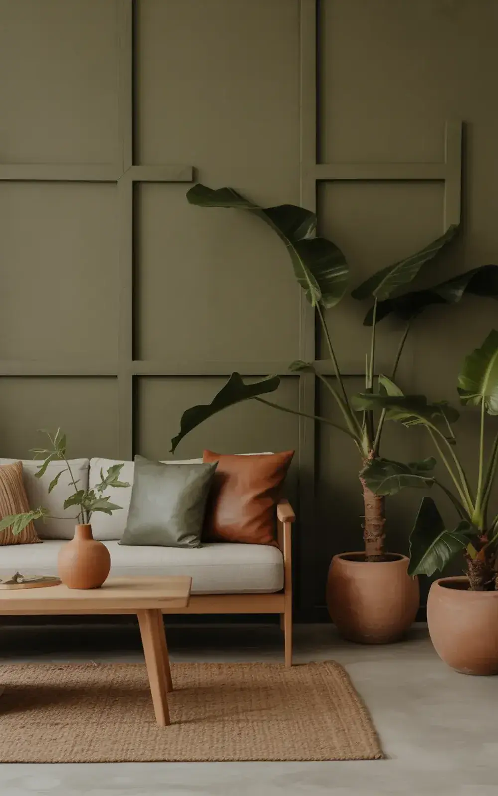 Living room with light gray couch, wooden ottoman, terracotta planters, and green plants.
