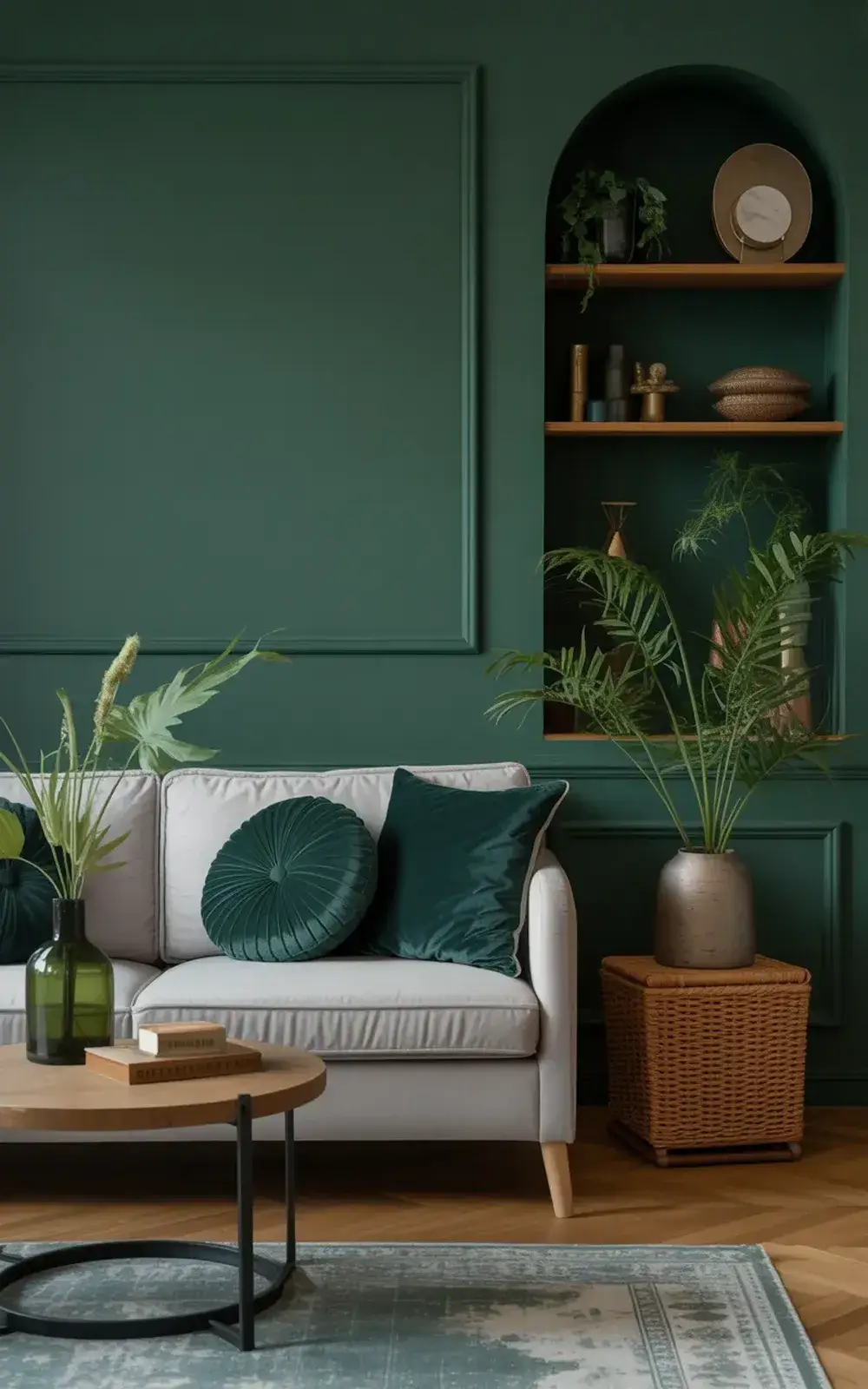 A cozy living room with a white sofa, green accents, alley books, and potted plants near a dark green wall niche with decor.