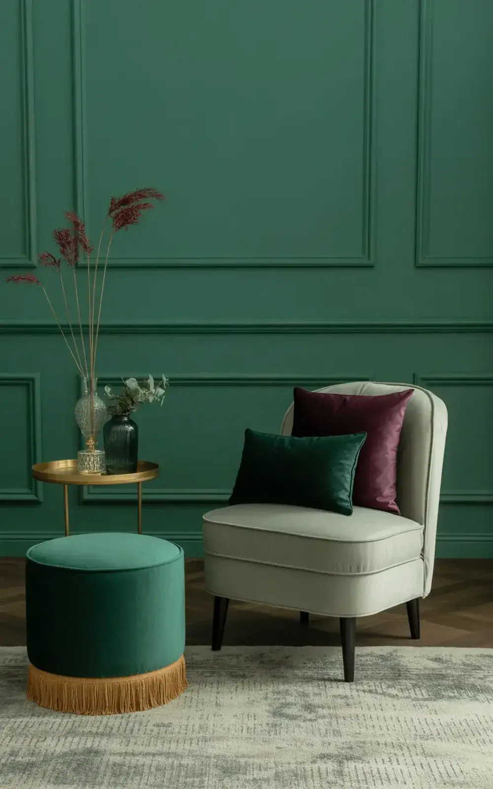White armchair with dark green and maroon cushions, matching ottoman on a patterned rug against a dark green panelled wall with decorative vase.