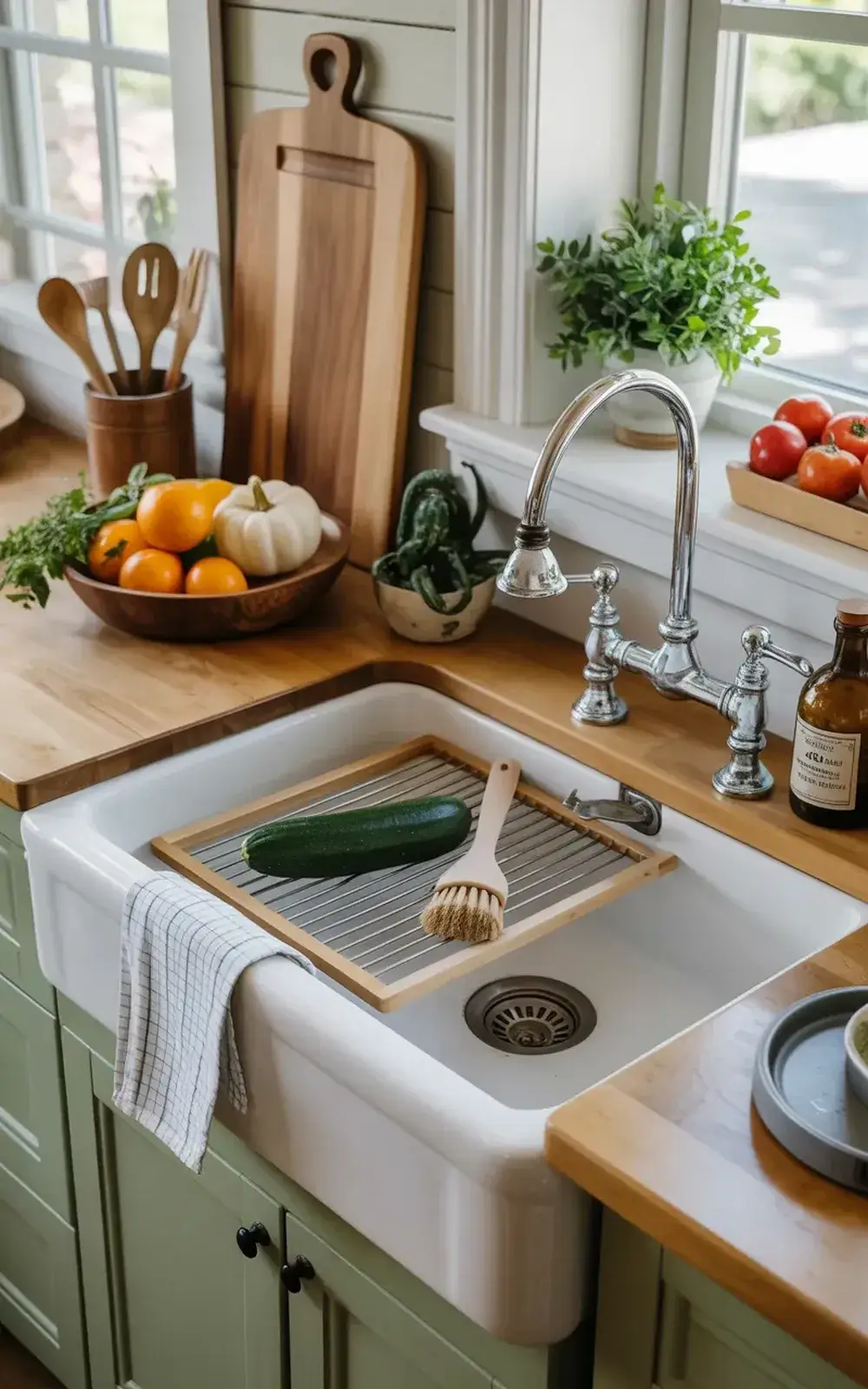 Clean kitchen sink area with fresh produce, utensils, and plants on windowsill.