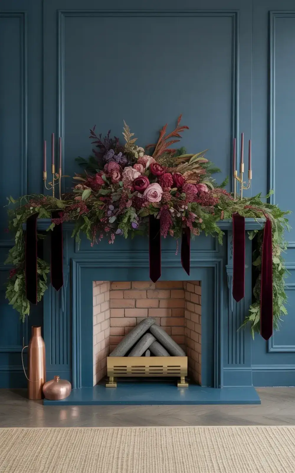Elegant dark-toned mantelpiece adorned with a lush floral arrangement and burgundy ribbons.