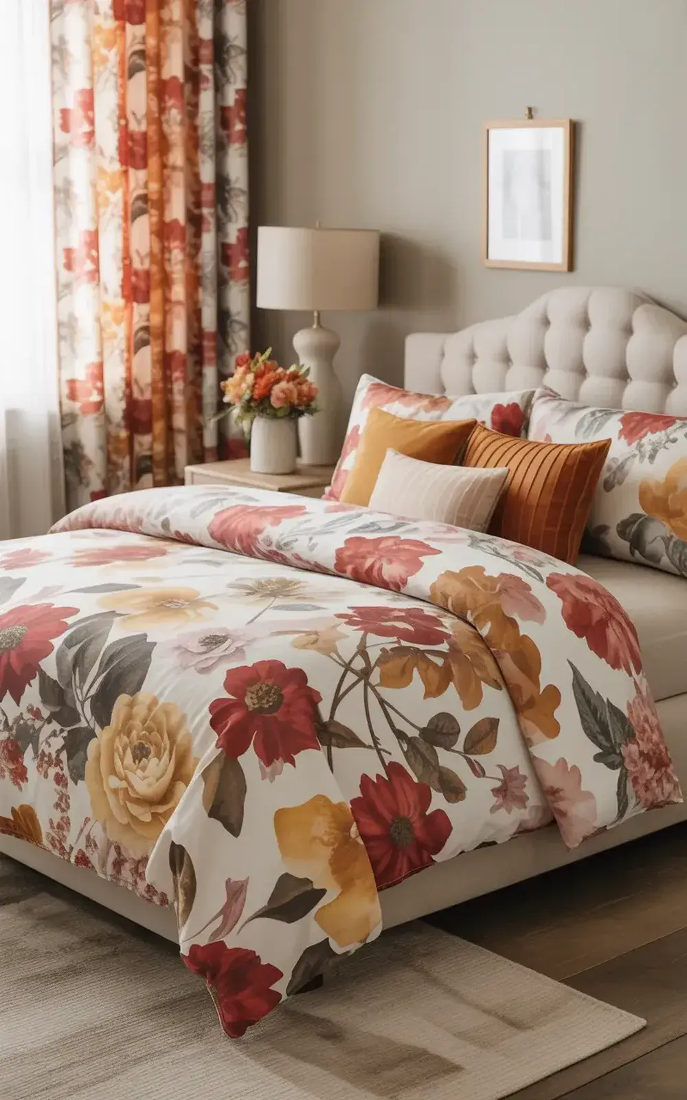 Cozy bedroom with floral bedding, patterned curtains, and a tufted headboard.