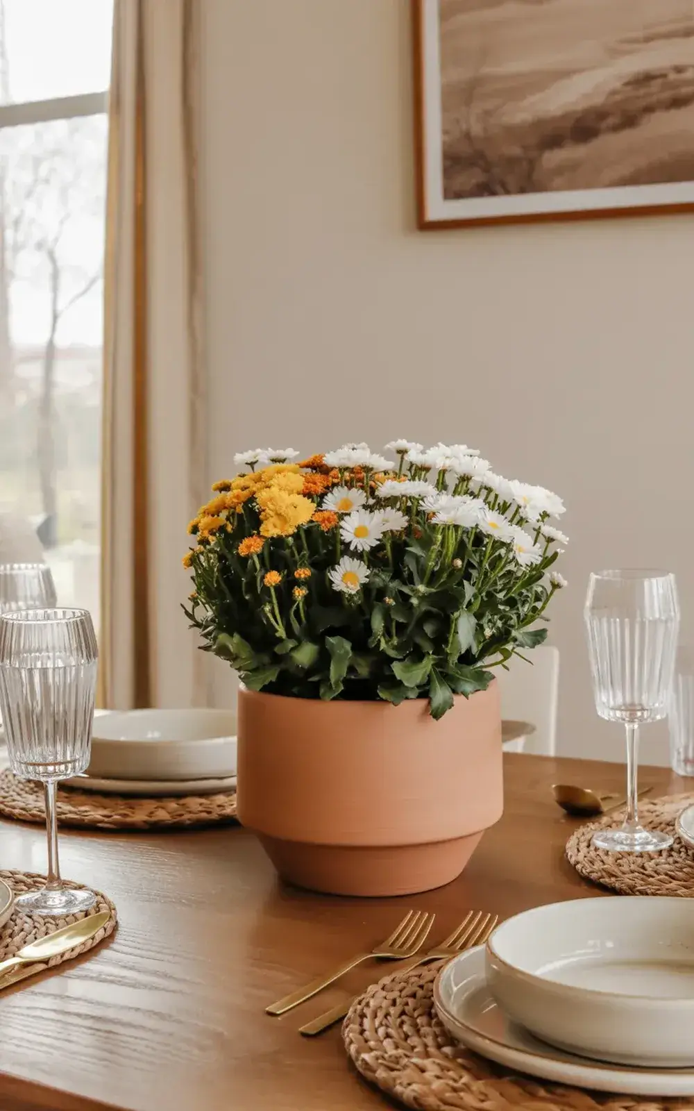 A potted arrangement of yellow and white flowers on a wooden dining table.