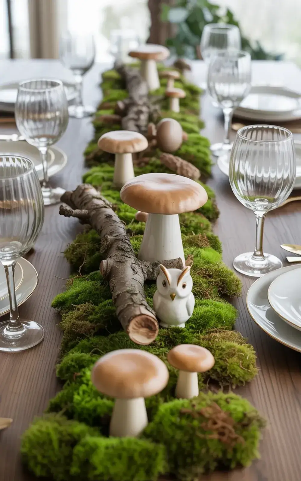 Dinner table set with moss, mushrooms, sticks, and a small white owl decoration down the center, flanked by wine glasses and plates.