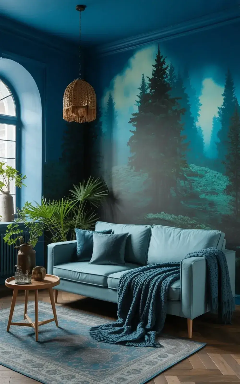 Living room with a forest mural wall, blue metallic sofa, and wooden side table.