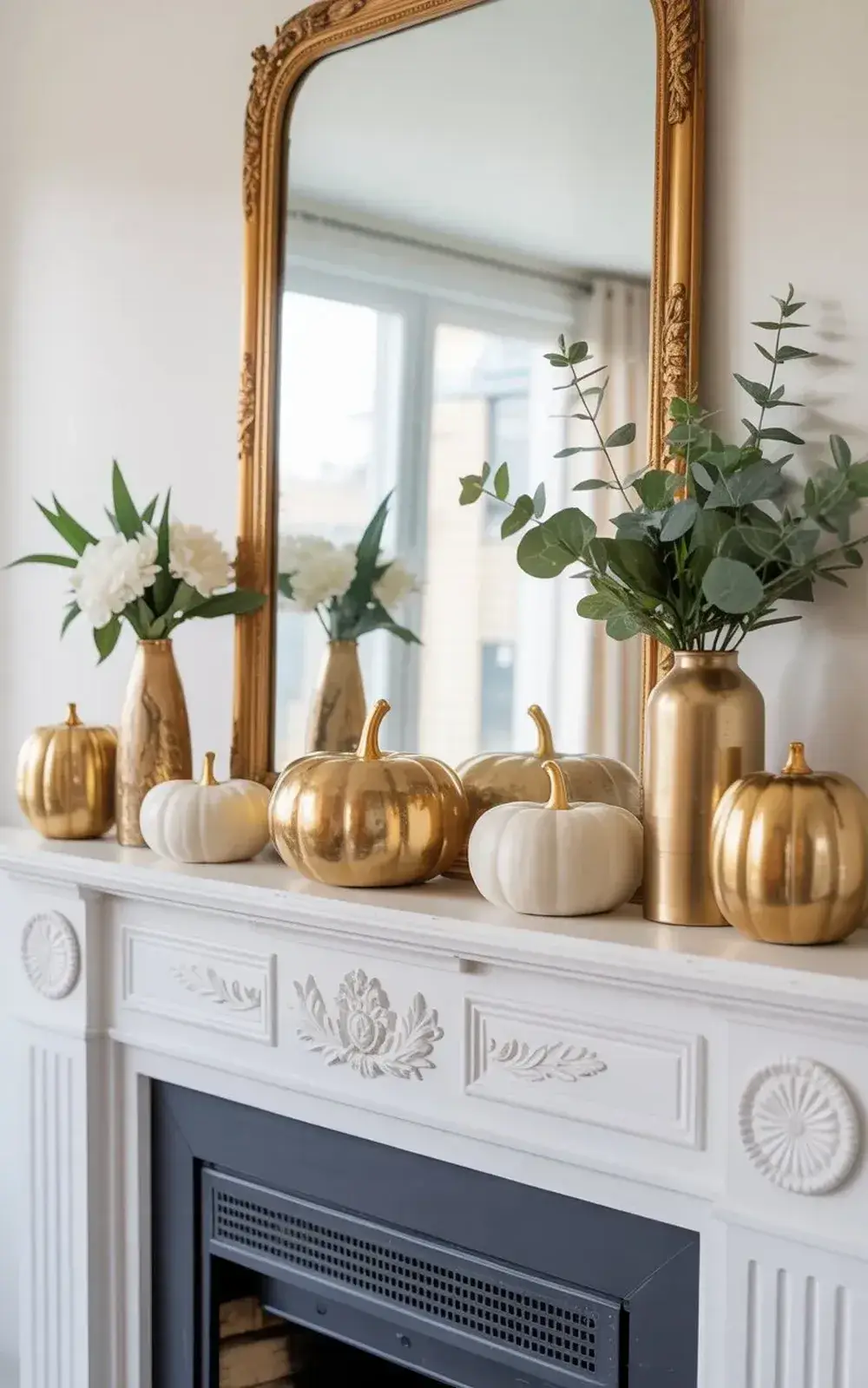 Fall-inspired mantel decoration with gold and white pumpkins, vases with greenery and flowers, a large ornate mirror, and floral fireplace paneling.