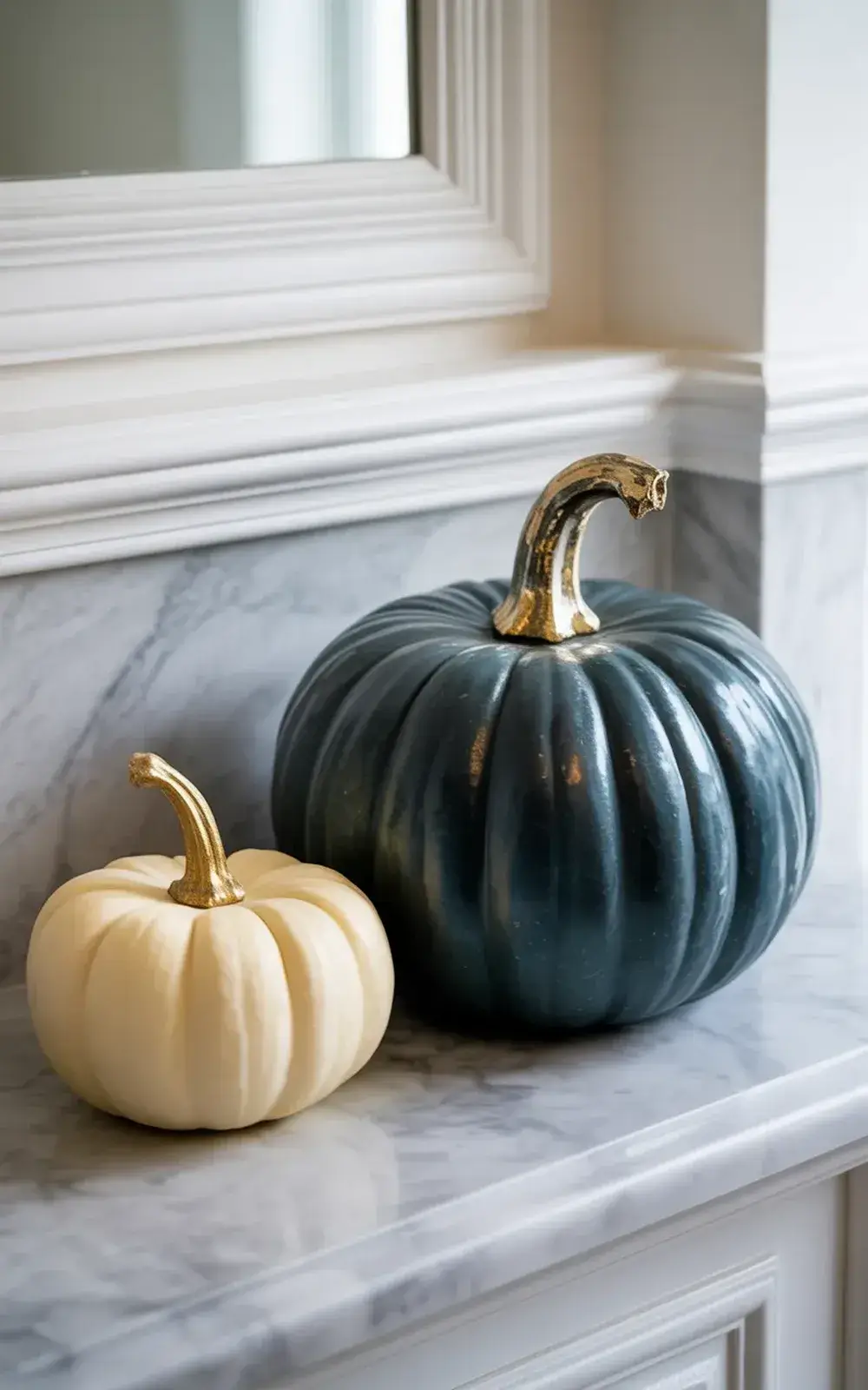Two decorative pumpkins, one white and one dark green, with gold stems on a windowsill.