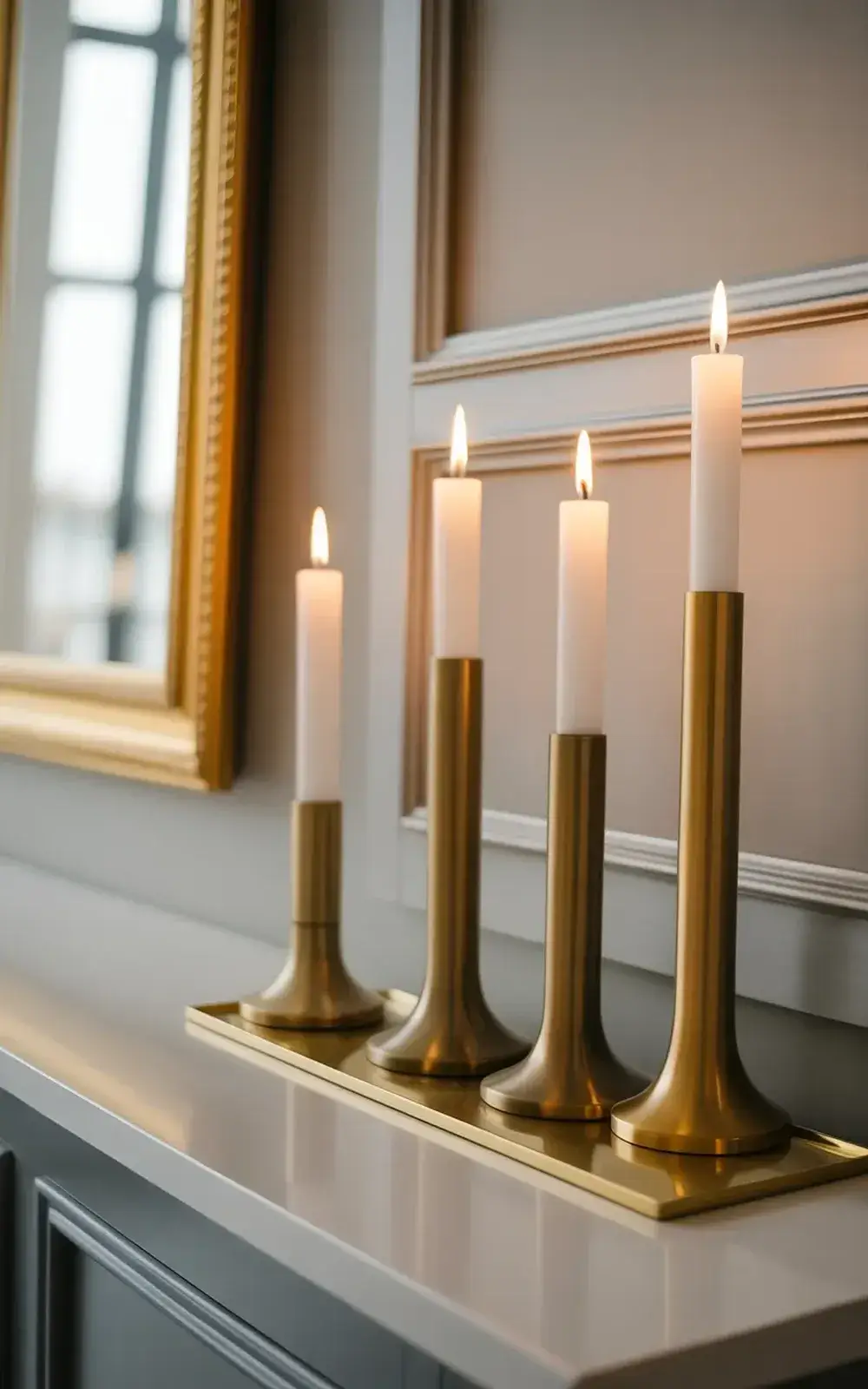 Four lit candles in gold holders on a white mantelpiece with a decorated mirror in the background.