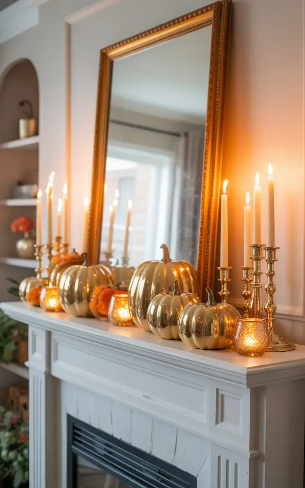 Fireplace mantel decorated with gold pumpkins, lit candles, and candlesticks.
