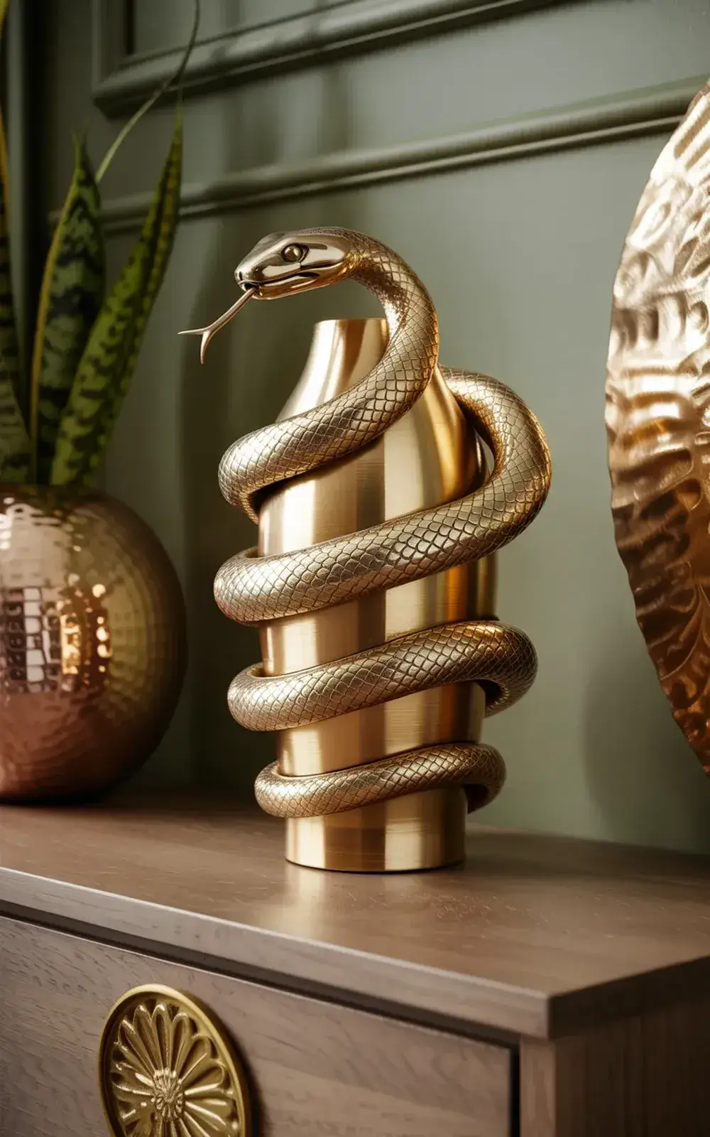 Bronze snake sculpture coiled around a rod on a wooden shelf.