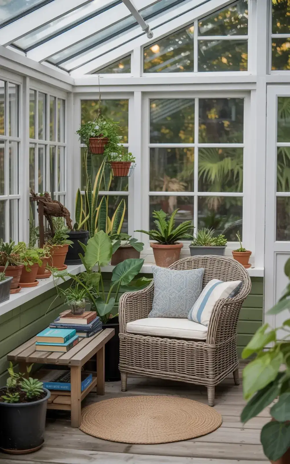 Cozy greenhouse with potted plants and a wicker armchair.