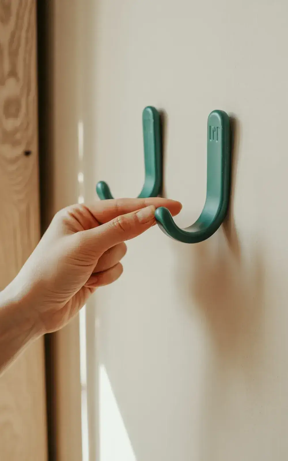 A person hanging a green hook on a closet organizer.