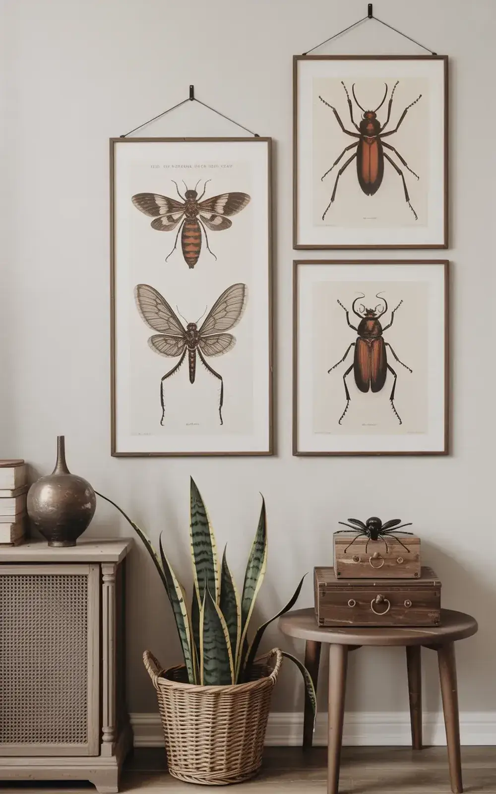 Three framed illustrations of insects on white wall, with household items beneath.