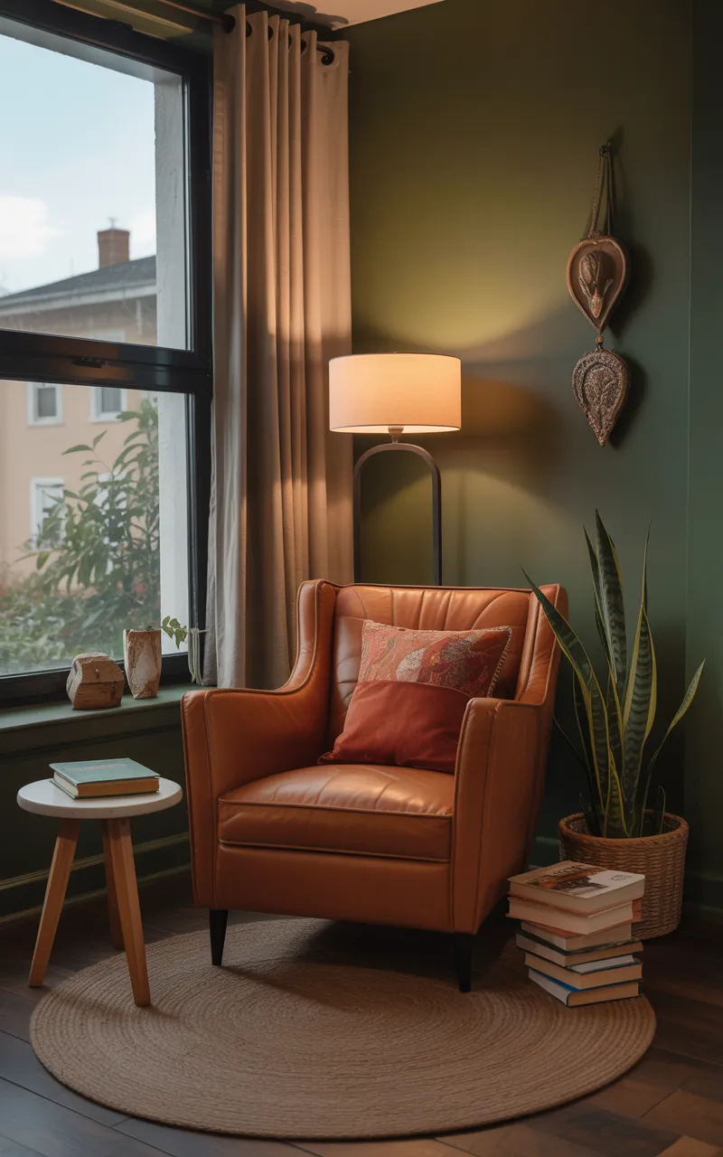 Comfortable reading nook with leather armchair, lamp, and books.